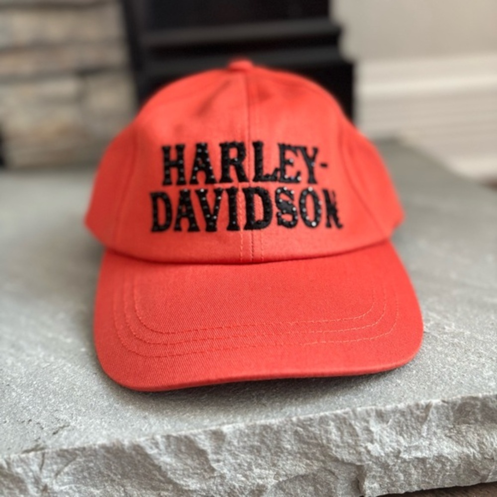 HARLEY-DAVIDSON WOMEN'S RHINESTONE‎ H-D BASEBALL CAP HAT ORANGE/BLACK NWT!